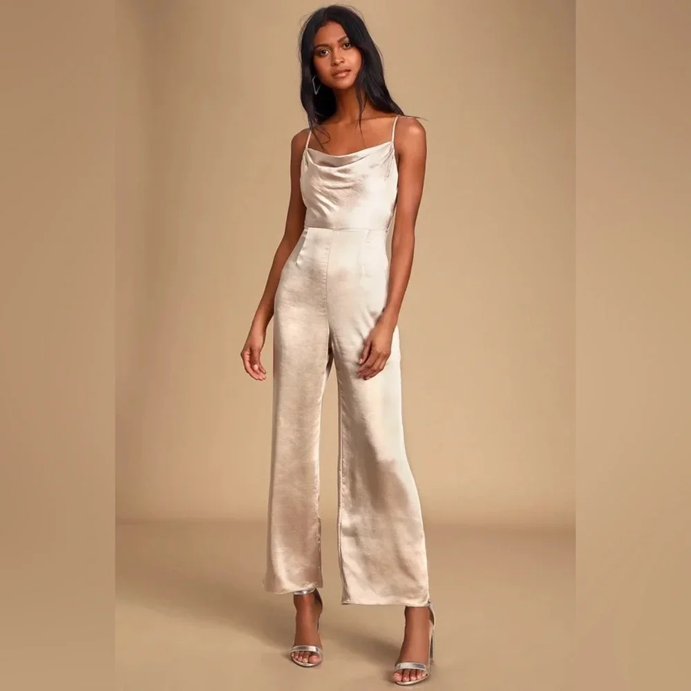 LUSH Champagne Satin Cowl Neck Culotte Jumpsuit - Picture 7 of 7